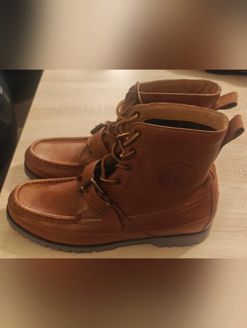 Mens 11.5 Polo Ralph Lauren Ranger Boots brown tan high leather strap shoes logo